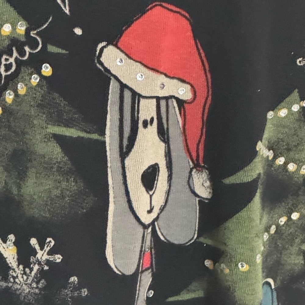 Jess & Jane Bow Wow Christmas Holiday Black Dog Shirt Size M Santa Hat Sweater - Picture 6 of 9